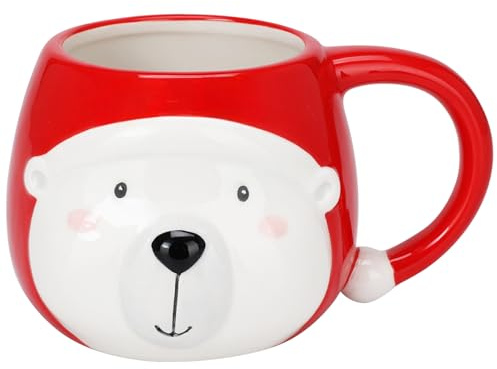 MIJOMA Weihnachtstasse 370ml aus Dolomit - Tasse im festlichen 3D-Design mit rotem Henkel - Weihnachtsbecher für Kakao & Kaffee (Eisbär)