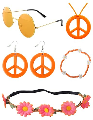 Moiuguli 5 Stück Hippie Zubehör Set, 70er Jahre Kostüm Accessoires, Peacezeichen Halskette & Brille, Perlen Armbänder & Stirnband für 60er 70er Mottoparty, Disco, Festival, Damen Karneval Kostüm
