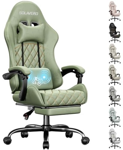 SOLAVERO Chaise Gaming en Suédine, Support Lombaire Massant, Vert Olive | Repose-Pieds Télescopique, Fauteuil Gamer pour Bureau, Facile à Assembler, Charge 150 kg