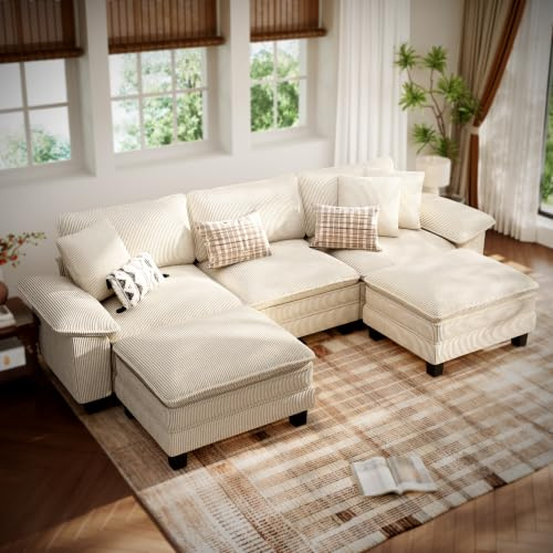 PHI VILLA Ecksofa-Set U-Form Couch 5-Sitzer-Sofa mit tiefer Sitzfläche 315 cm Modulare Sofas inklusive Zierkissen und beweglicher Ottomane für das Wohnzimmer Cordstoff Beige