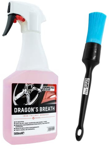detailmate Felgenreiniger Set Bundle: ValetPRO Dragon's Breath 500 ml - Felgenreiner + 1 Stück ValetPRO Black Handle Chem Resistant - Reinigungspinsel/entfernt Bremsstaub und andere Verschmutzungen