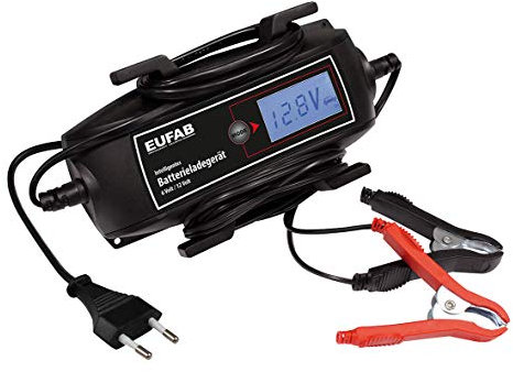 EUFAB 16616 Intelligentes Batterieladegerät, 6/12 V, 4 A, mit Kabelaufroller, Schwarz