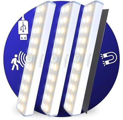 Motion Sensor Under Cupboard Lights, 3 Pack Rechargeable 20 LED Strip Light, Wardrobe Lighting, Rechargeable Battery Operated Lights for Kitchen Cabinets, Sensor Night Light, Bedroom LED Lights