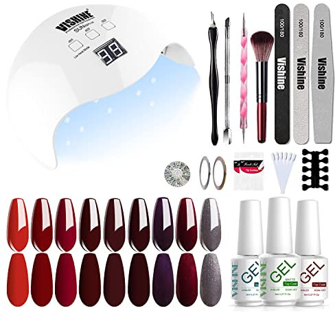 Vishine Gel Nail Polish Starter Kit, with 48W LED Lamp Base Top Coat, 4 Pretty Red Shades Gels, Nail Gel Kit for Nail Art