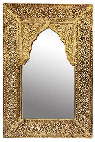 Orient Spiegel Wandspiegel Malik 42cm groß Gold | Großer Marokkanischer Flurspiegel mit Holzrahmen orientalisch verziert | Orientalischer Vintage Badspiegel ohne Beleuchtung als Orientalische Deko
