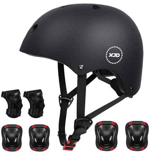 XJD Fahrradhelm Kinder Schoner Set(7er) Kinder Helm mit Knie- & Ellenbogen- & Handgelenkschützer Verstellbarer Schutz Jugend Skaterhelm für 3-13 Jahre Alt (Schwarz Set, M: 55-58 cm)