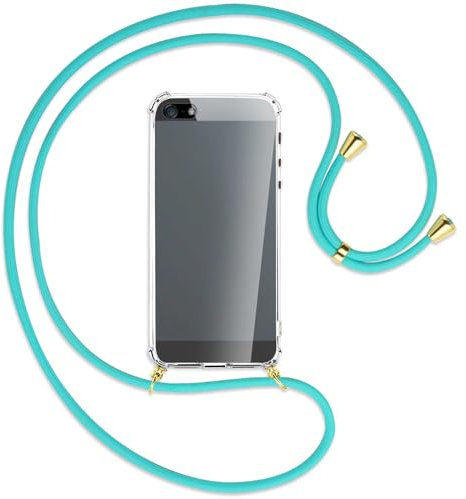 mtb more energy Handykette kompatibel mit Apple iPhone 5, 5S, iPhone SE 2016 (4.0'') - türkis/Gold - Smartphone Hülle zum Umhängen - Anti Shock Full TPU Case