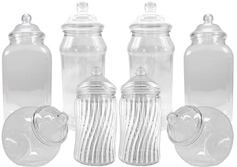 Truly Sweet Candy Lot de 8 bocaux à bonbons vides en plastique rétro assortis pour buffet de bonbons – Ajoutez simplement des bonbons (couvercle à pompon transparent)