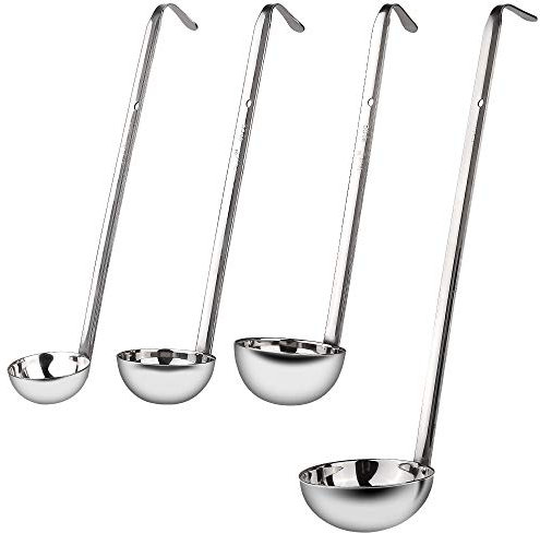 Vegena Lot de 4 louches à soupe en acier inoxydable de qualité supérieure avec poignée à crochet, cuillères à soupe, ustensiles de cuisine avec long manche, louche, cuillère à soupe, argent