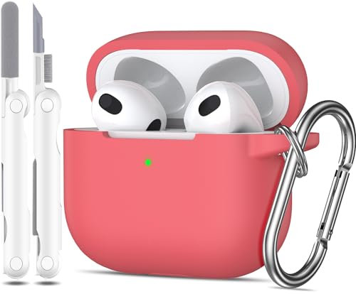 MHYALUDO AirPods 3rd Generation Case Cover 2021, Military Grade Anti-Fall Soft Silicone Shock-Absorbing Protective AirPods 3 Case Skin with Keychain and Cleaning kit, Front LED Visible, Pink Peach