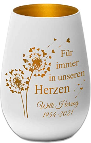 Trauerlicht - Für immer in unseren Herzen - weiß/gold - Gravur Namen und Datum - Gedenklicht Erinnerungslicht Grablicht Trauergeschenk