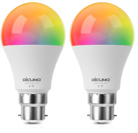 DiCUNO Ampoule Connectée LED, Ampoule WiFi LED Intelligente B22 Compatible avec Alexa et Google Home, Baïonnette 9W Dimmable Multicouleur 2700K-5000K RGBCW, 800LM, Sans Hub Requis, Lot de 2