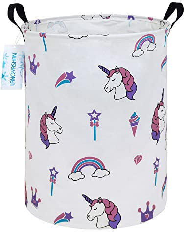 LANGYASHAN Aufbewahrungskorb, Leinenstoff, zusammenklappbar, Organizer für Wäschekorb, Spielzeugkörbe, Geschenkkörbe, Schlafzimmer, Kleidung, Babyzimmer (magisches Einhorn)