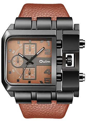 JewelryWe Herrenuhr Analog Quarz Casual Armbanduhr Männer Leder Armband Militäruhr Sport Uhr mit Groß Quadrat Zifferblatt Braun