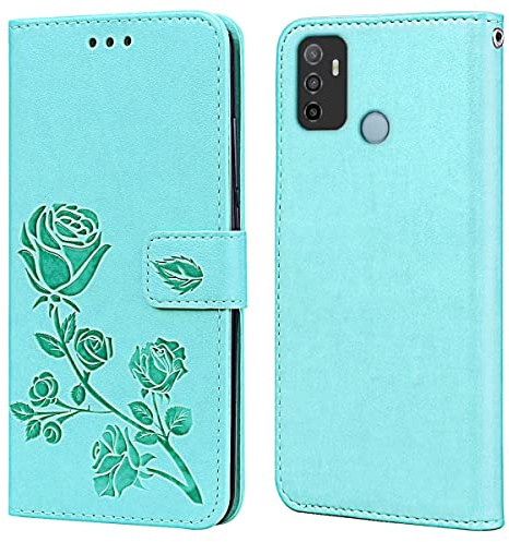 RankOne Étui Portefeuille en Cuir pour Oppo A53 / Oppo A53s (6.5 inches), avec Porte-Cartes Rose Pattern Design Cover Coque Housse Case - Vert