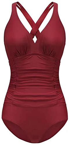 F FLYRONG Swimming Costume Women Tummy Control Swimwear V Neck One Piece Swimsuit (as8, Alpha, m, Regular, Regular, Plain-Wine, Medium)
