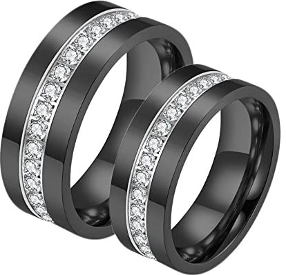 Whoiy Trauringe 8mm, Partnerringe 2 Stück Edelstahl Schwarzer Ring mit Zirkonia für Paar Liebhaber