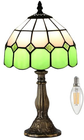 Kinbolas Tischlampe kleine im Tiffany Stil,Vintage Nachttischlampe Grün,Schlafzimmer Fensterbank Deko Lampe,Jugendstil Tischleuchte,Bunte Glas lampenschirm 20cm/8 Zoll Mit LED E14 2700K Birne