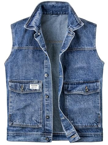 Harbrosrce Homme Gilet en Jean Veste Courte sans Manches en Jean Vintage Sans Manches Veste à la Mode Motard Décontractée Denim Manteau de Moto