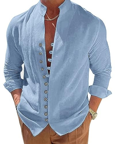 NANAMEEI Grandad Shirts for Men Long Sleeve Cotton Linen Shirts Causal Tops,Light Blue,L