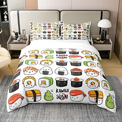 Sushi 100% Waschen Baumwolle Bettbezug 135x200 Kawaii Cartoon Sea Animal Bettwäsche Set Nette Sushi Muster Tröster Bezug für Kinder Jungen Mädchen Teens Schlafzimmer Dekor Japanischer Steppdeckenbezug