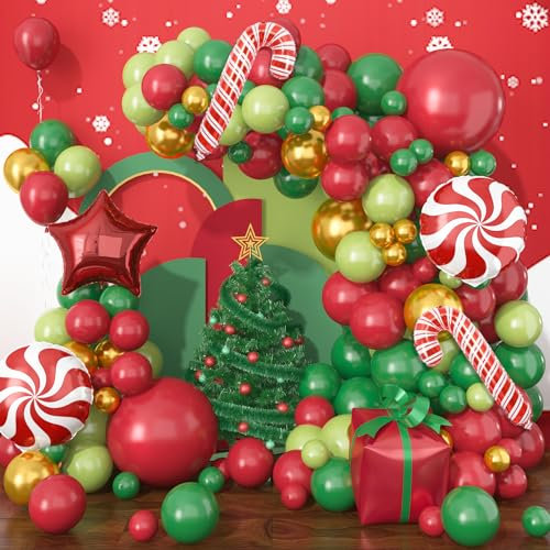 Weihnachten Deko Luftballon Girlande, 123 Stück Rot Weiß Grün Luftballons Weihnachten Mit Großer Stern Zuckerstangen Geschenkbox Windmühle Folienballon, Metallic Gold Ballons für Weihnachtsdeko