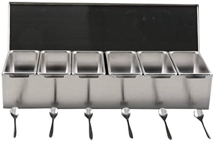 ECUTEE Portacondimenti, Set di 6 Condimento Box Spezia Jar, Sei Scatola di Condimento in Acciaio Inox Estraibili con Coperchio e 6 cucchiai per spezie, sale e zucchero, condimenti, 46x 15cm