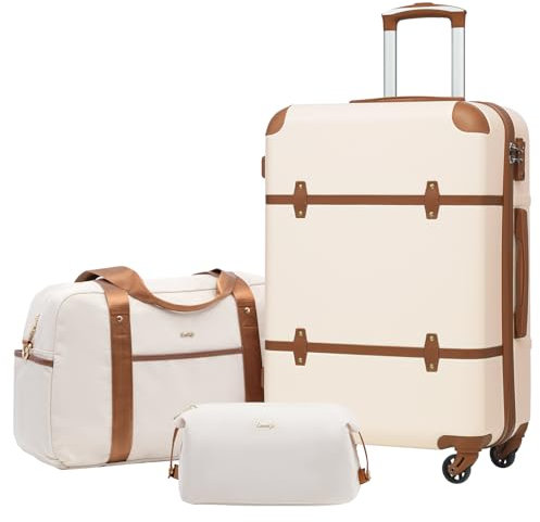 COOLIFE Koffer Trolley Koffer Reisekoffer ABS Hartschalen Trolley 4 Rollen TSA-Schloss Grosse Kapazität Der Koffer Enthält 1 Reisetasche und 1 Kulturbeutel (Weiß/Braun, Mittlerer Koffer-Set 3tlg)