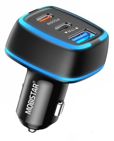 MOBISTAR Car Charger, USB C 42W 3-Port 25W PD/QC3.0 7A Fast Car Charger Adapter 12-24V Phone Charger Cigarette Lighter Compatible with iPhone 15/14/13 Series, Galaxy S23/S22/S21/Note20