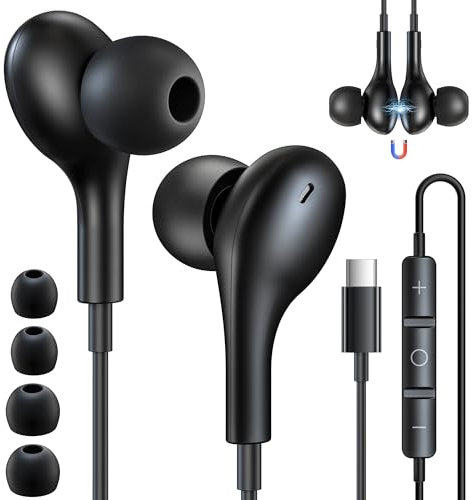 Coolden USB C Kopfhörer für iPhone 16 Pro 15 Pro Max In Ear Kopfhörer mit Kabel HiFi Stereo Ohrhörer mit Mikrofon und Lautstärkeregler USB Typ C Kopfhörer für iPhone 15 Pro 16 Pro Max Samsung Schwarz