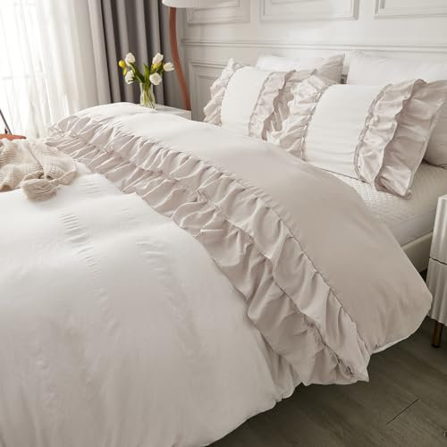 Sedefen Bettwäsche Rüschen 135x200cm 4teilig Boho Beige Doppellagige Rüschen Bettwaren-Sets Romantisch Mädchen Weiß Microfaser Bettbezug 2 Bettdeckenbezüge mit Reißverschluss und 2 Kissenbezug 80x80cm