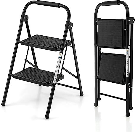 GYMAX 2-stufige Leiter, klappbare Trittleiter mit Breiten & rutschfesten Stufen, Stehleiter mit Griff, Stufenleiter bis 150 kg belastbar, robuste Metall-Steighilfe für Zuhause & Büro, Schwarz