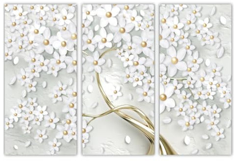 AREDE 3er Set Wandkunst Gemälde Bild Poster Baum mit goldenem Stamm und Perlen | 90 x 60 cm | Wandbilder Wanddekoration Home Office Wohnzimmer Schlafzimmer Dekoration | Fertig zum Aufhängen