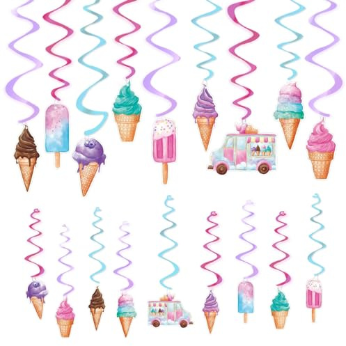 WERNNSAI Eiscreme-Hängewirbel – 18 Stück Eiscreme-Party-Dekorationen für Kinder, Mädchen, Geburtstagsparty, Deckendekorationen für süße Partyzubehör, Sommer-Party-Dekoration, hängende Luftschlangen