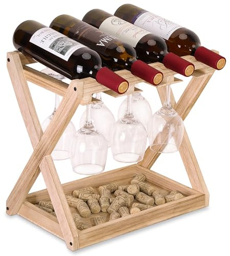 WDSHIYI Wine Rack – 4 Bottles and 6 Stemware Wooden Wine Racks Countertop for Kitchen, Cellar, Office, Bar – Luxurious Wine Bottle Storage for Standard Bottles Holder Stand Natural