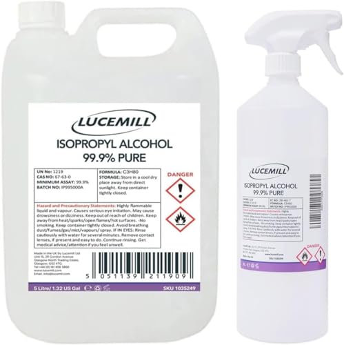 Lucemill 99.9% Isopropyl Alcohol | 5 Litre Jerrycan + 1 Litre Spray Bottle | Super Strength IPA Surface Sanitiser | Fast Drying & Residue-Free | 2-Piece Set