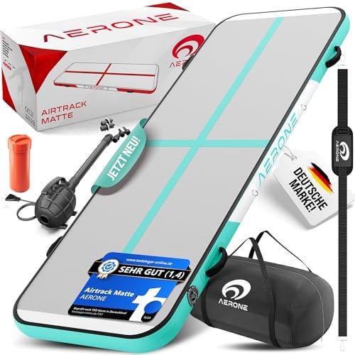 AERONE Airtrack Turnmatte Aufblasbar | Air Tracking Matte 5m [Zubehör Schultergurt Tragetasche Luftpumpe] Air Track für Turnen Gymnastik Zuhause Outdoor Pool | Mint