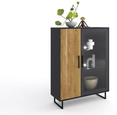 möbelando Vitrine >Joe< in Eiche/anthrazit, Eiche teilmassiv - 102x147x40cm (BxHxT)