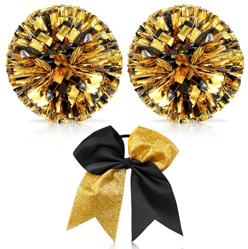 Hanaive Cheerleader-Pompons und große Cheerleader-Haarschleife, 30,5 cm, groß, metallisch, Cheerleader-Pompoms für Sport-Team, Geist Jubeln (Schwarz und Gold gemischt, Glitzer)