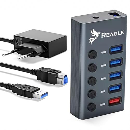 Reagle Aktiver USB-A 3.2 Gen 1 Hub – 5-in-1 USB Hub mit 4 Datenports, 1 Ladeport (2.4A), Einzelschalter, LED-Anzeige, 5Gbps Übertragung, Plug & Play, inkl. 12V Netzteil, Aluminiumgehäuse