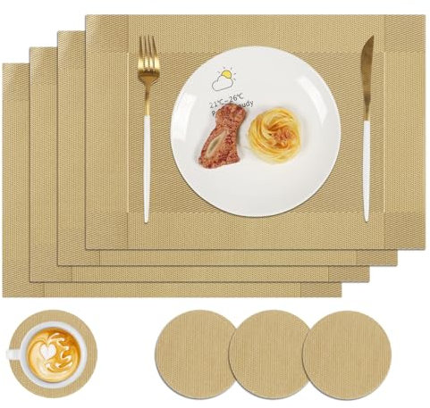 Famibay Place Mats and Coasters Set of 4 Gold Christmas Placemats Heat Resistant Washable Plastic Table Mats for Kitchen Dining Table