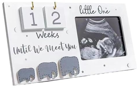 Tissting Baby First Scan Bilderrahmen für Ultraschallbilder mit Countdown Kalender und wechselbarer Matte, Baby Ultraschallbilder Fotorahmen aus Holz, Elefanten Kinderzimmer Dekoration