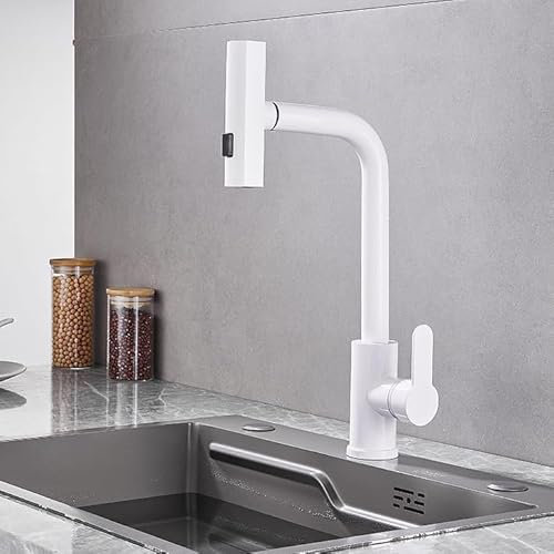 FQYEP Mitigeur Evier avec Douchette 3 Modes Robinet de Cuisine Cascade Robinet de Cuisine Mitigeur Rotation 360° Flexible de Robinet de Cuisine Blanc