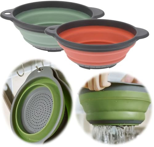 LS-LebenStil Flexibles Küchensieb 23x9cm Camping faltbar mit Griff Sieb Abtropfsieb Nudelsieb Küchensieb Seiher TRT Kunststoff Silikon Obst Gemüse Pasta Nudeln