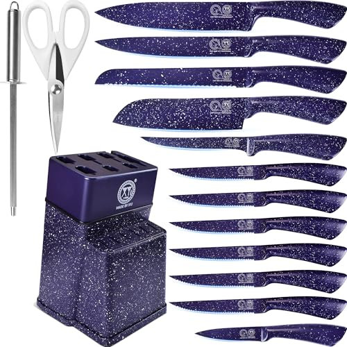 XYJ - Set di coltelli da cucina con portacoltelli, in acciaio inox professionale giapponese, set di coltelli da bistecca, coltello trinciante, coltello per pane
