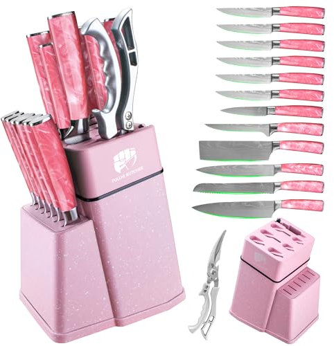 FULLHI 14tlg. Block Messerset, Kochmesser Steakmesser Set mit Block und Schärfer, Küchenmesser Set, Mehrfarbiger Griff, Geschenke für Männer Frauen (Rosa Harz)