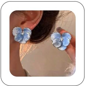 Cybche Boho Blue Enamel Flower Earrings Blue Flower Stud Earrings Acrylic Floral Petal Earrings Rhinestone Flower Earrings Large Petal Statament Earrings Jewelry for Women