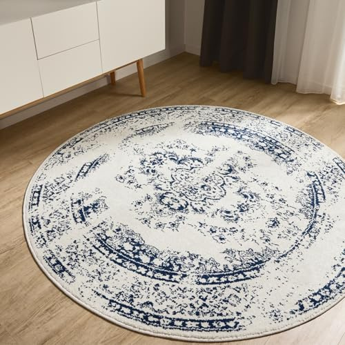 benuta Basic Teppich Sia - Creme/Blau 120 cm rund - Kunstfaser - rund & im Style: Vintage, Boho-Style, Retro - Pflegeleicht für Wohnzimmer Schlafzimmer