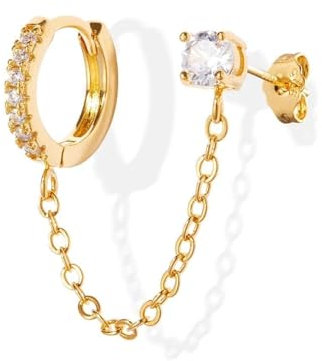 KGDUYC Ohrringe Silber 925 für Damen Mädchen 14K Vergoldet Doppel Piercing Ohrstecker Creolen mit Kette, Hypoallergen Zirkonia Ohrringe Silber Hängend für Mehrere Ohrlöcher Knorpel Set-A