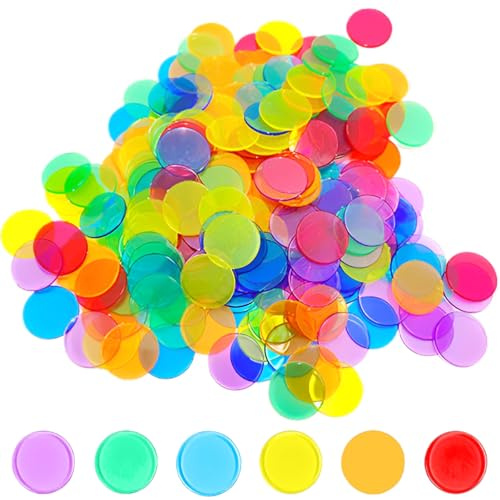 JEYORZY 100pc Bingo Chips Plastik Chips, transparente Farbzähler Zähler Bingo-Chips, für Bingo Spielkarten Mathe Üben Anzahl der Spielchips, Homeschool Supplies Math Counters, Transparente Mischfarben